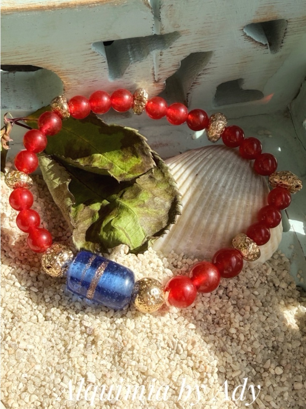 UNTREATED RUBY FOR MOM 🧑 Red Faceted Bead Bracelet with blue Accent